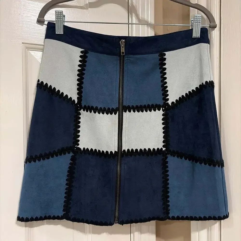 Sugarlips Blue Patchwork Faux Suede Zip-Up Mini Skirt Size S S2202